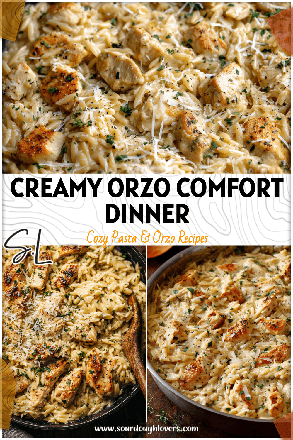 A creamy Chicken Alfredo Orzo served in a skillet, topped with Parmesan and herbs for a cozy winter weeknight dinner.